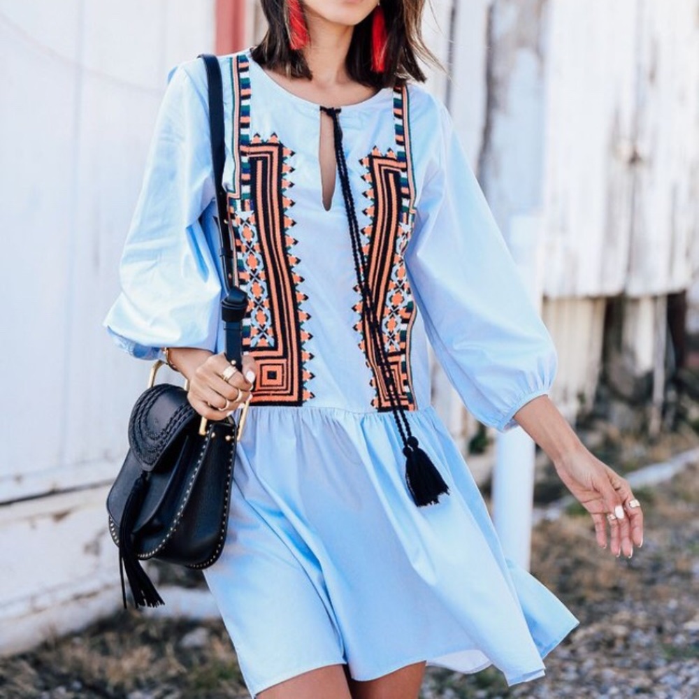 h&m blue embroidered dress Women's Light blue Eyelet Embroidered Shirt Dress
